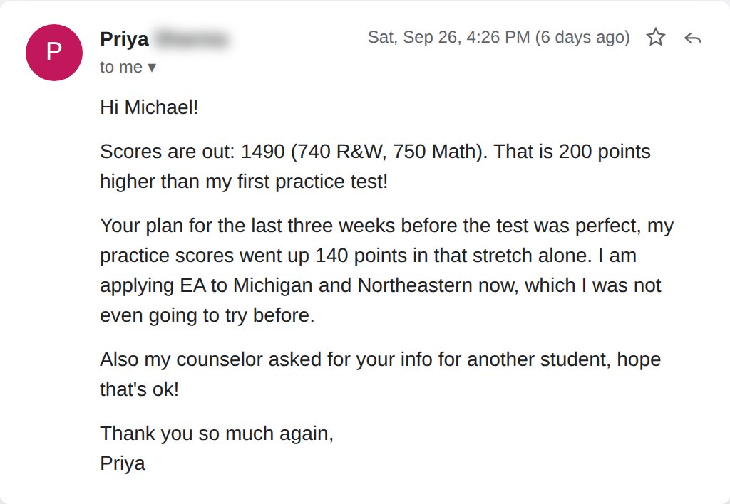 Email from Priya: 1490, 200 points higher than my first practice test.