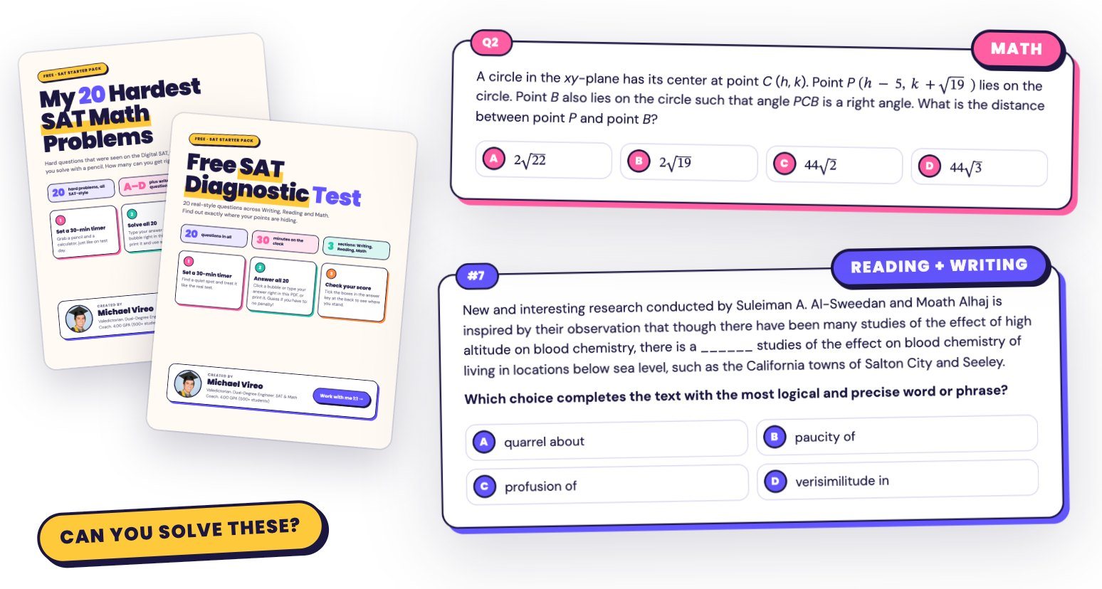 Preview of the free SAT Starter Pack: My 20 Hardest SAT Math Problems and the SAT Diagnostic Test, with a sample math problem and a reading and writing problem